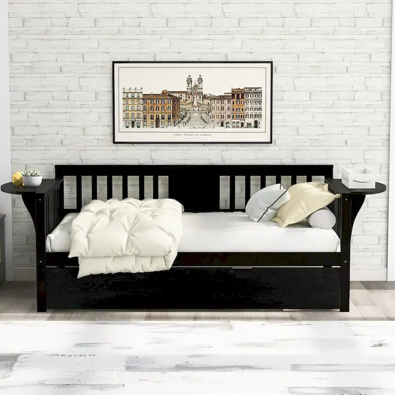 Letto a una piazza e mezza in legno con letto estraibile, divano letto per camera da letto o soggiorno
