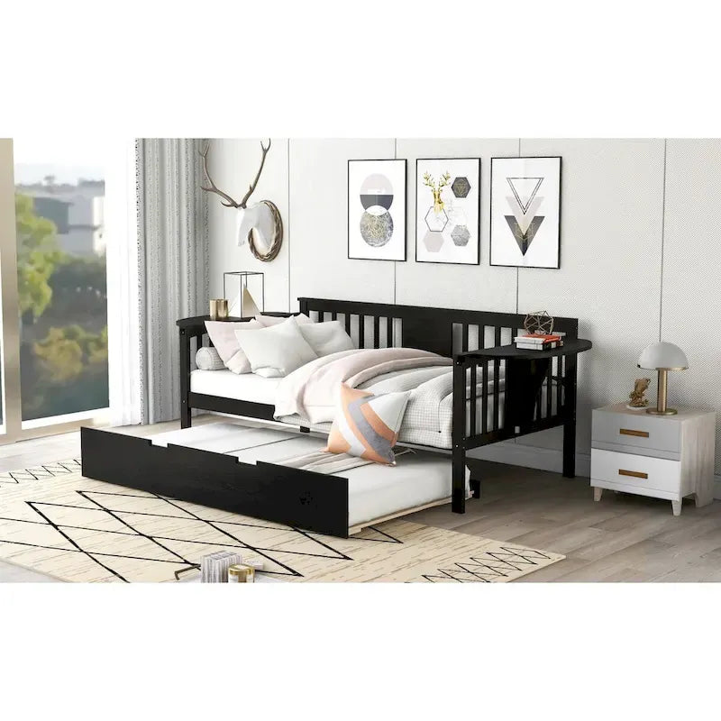 Letto a una piazza e mezza in legno con letto estraibile, divano letto per camera da letto o soggiorno