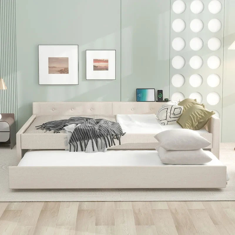 Letto a piattaforma Queen imbottito con USB e letto estraibile