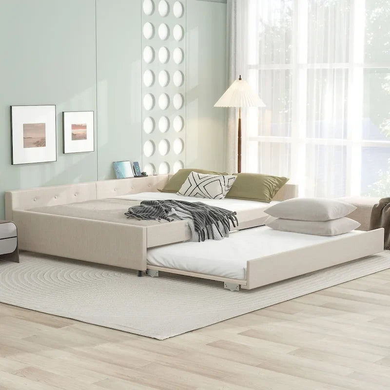 Letto a piattaforma Queen imbottito con USB e letto estraibile