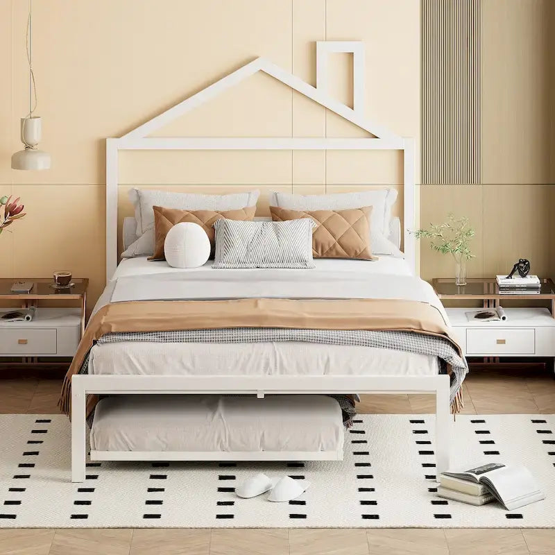 Letto a piattaforma in metallo full size con rotelle estraibili (twin size)