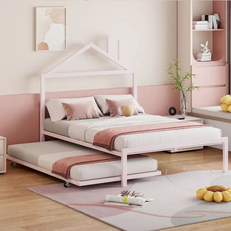 Letto a piattaforma in metallo full size con rotelle estraibili (twin size)