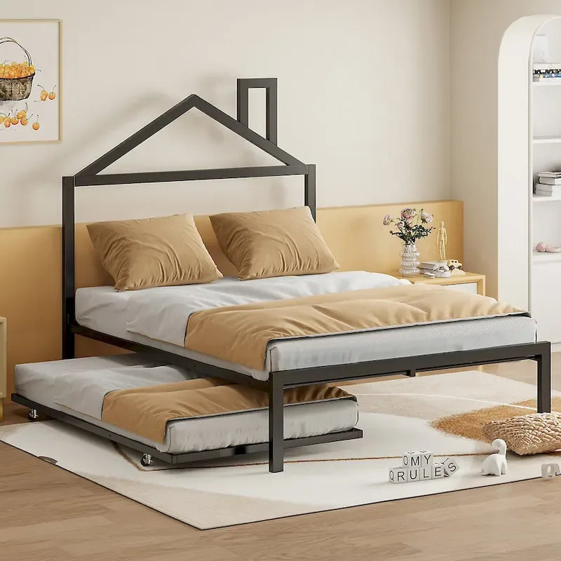 Letto a piattaforma in metallo full size con rotelle estraibili (twin size)