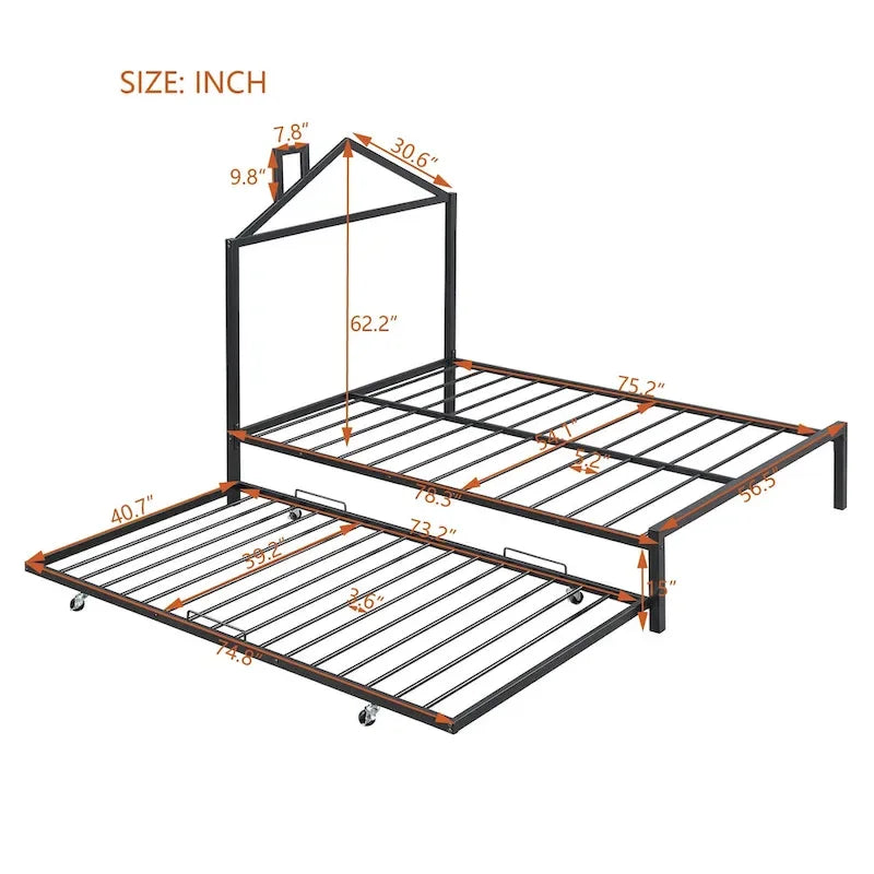 Letto a piattaforma in metallo full size con rotelle estraibili (twin size)