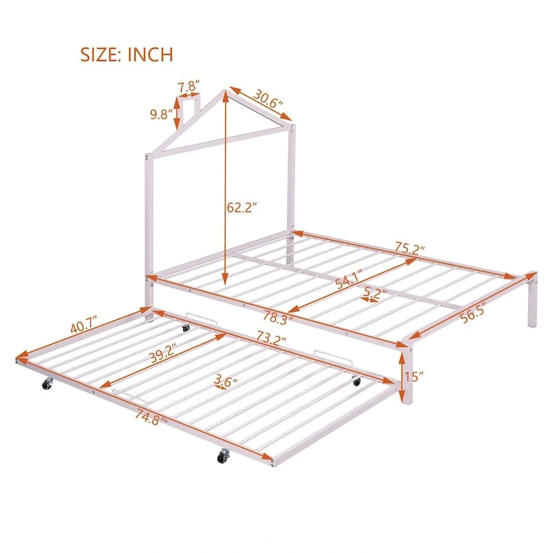 Letto a piattaforma in metallo full size con rotelle estraibili (twin size)