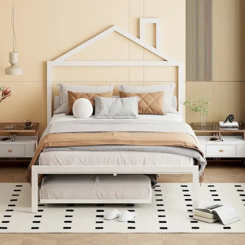 Letto a piattaforma in metallo full size con rotelle estraibili (twin size)