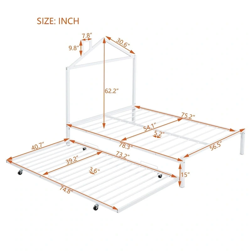 Letto a piattaforma in metallo full size con rotelle estraibili (twin size)