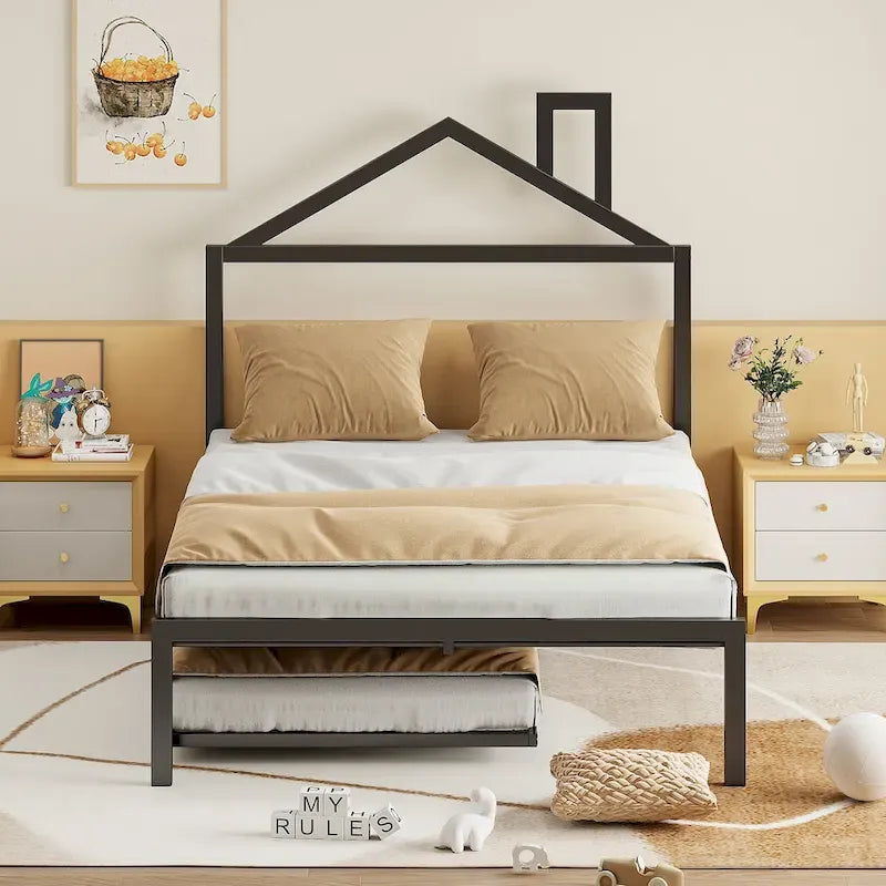 Letto a piattaforma in metallo full size con rotelle estraibili (twin size)