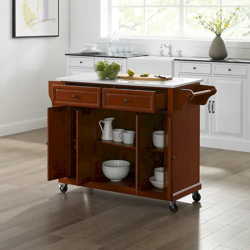 Carrello da cucina con top in granito a tutta grandezza, colore ciliegio - 51,5 L x 18 P x 36,5 H