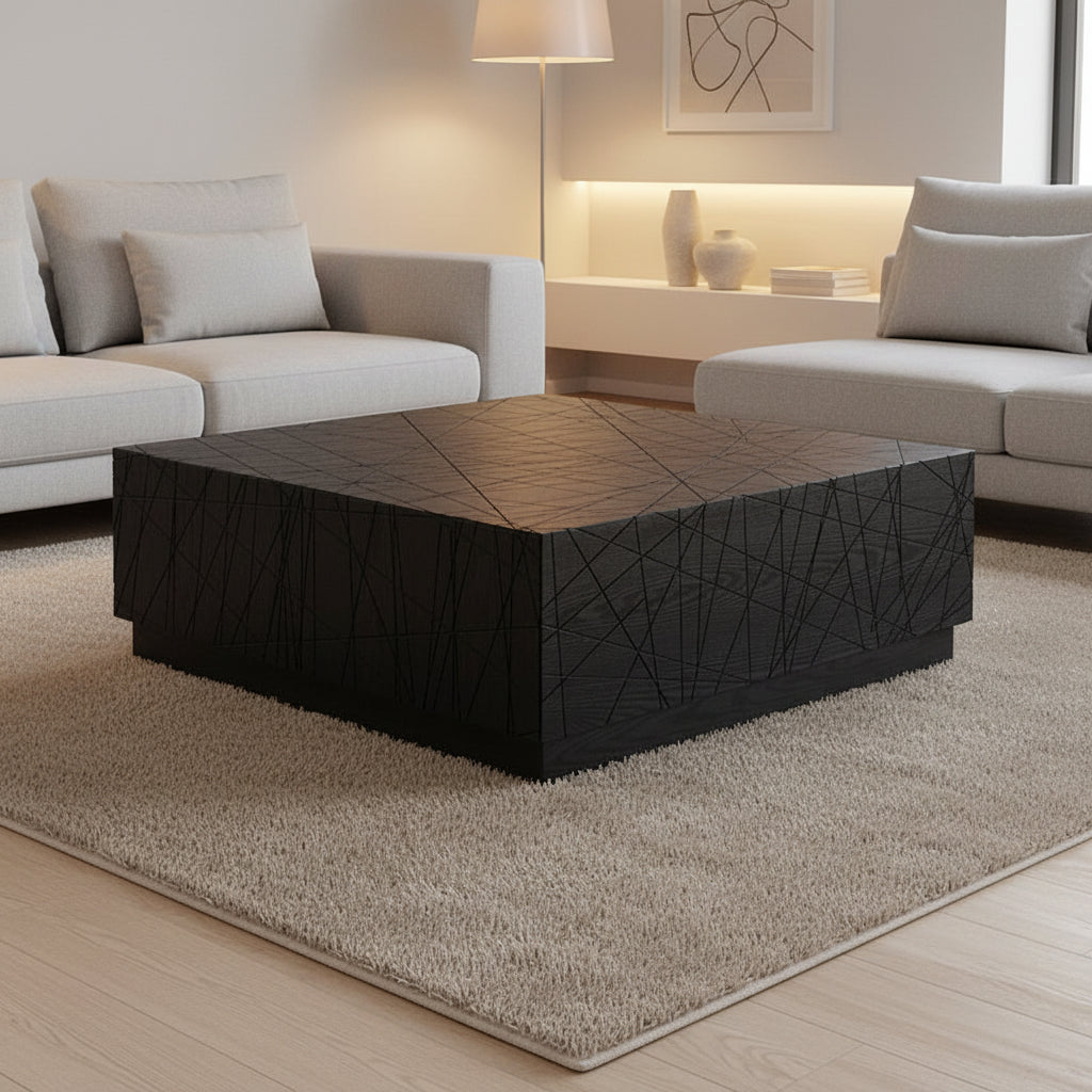 Tavolino da caffè quadrato moderno in rovere nero con contenitore