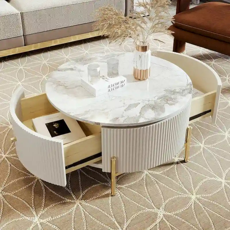 Tavolino da caffè rotondo moderno con 2 ampi cassetti portaoggetti, tavolino d'appoggio con piano effetto marmo