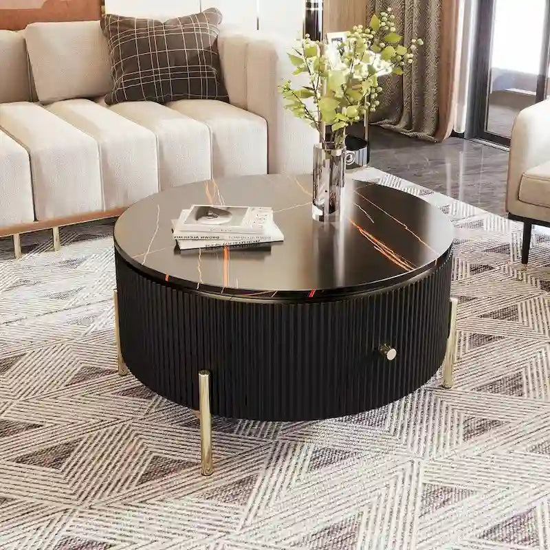 Tavolino da caffè rotondo moderno con 2 ampi cassetti portaoggetti, tavolino d'appoggio con piano effetto marmo
