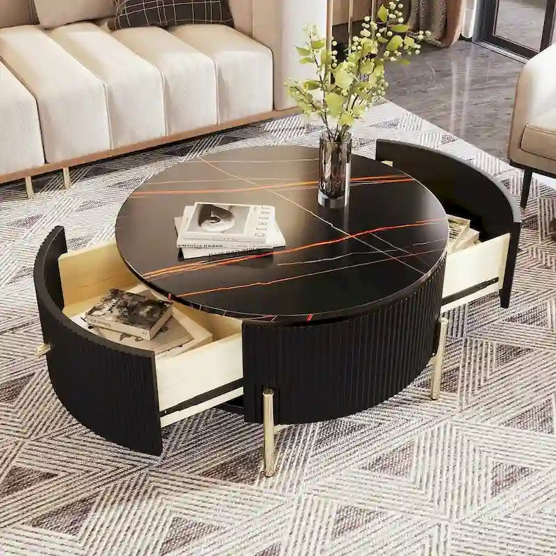Tavolino da caffè rotondo moderno con 2 ampi cassetti portaoggetti, tavolino d'appoggio con piano effetto marmo