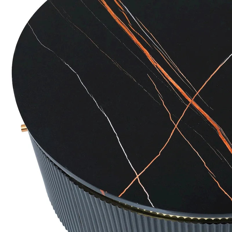 Tavolino da caffè rotondo moderno con 2 ampi cassetti portaoggetti, tavolino d'appoggio con piano effetto marmo