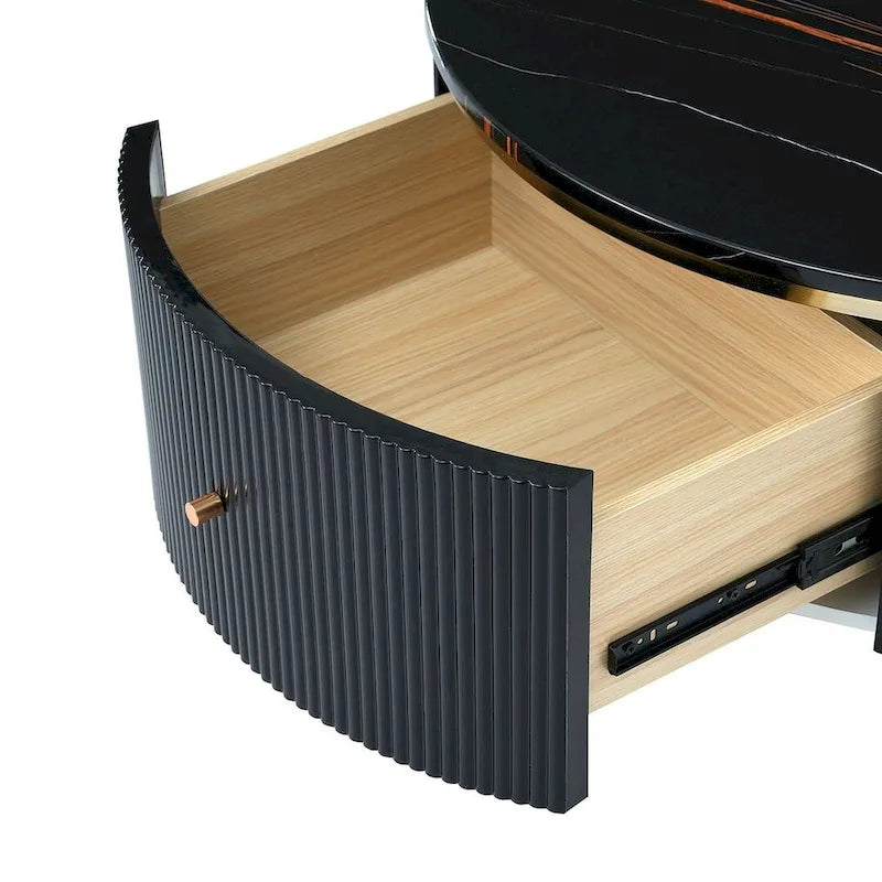 Tavolino da caffè rotondo moderno con 2 ampi cassetti portaoggetti, tavolino d'appoggio con piano effetto marmo