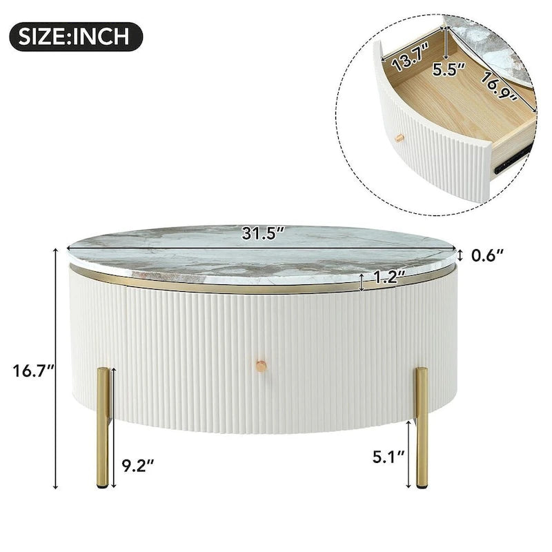 Tavolino da caffè rotondo moderno con 2 ampi cassetti portaoggetti, tavolino d'appoggio con piano effetto marmo