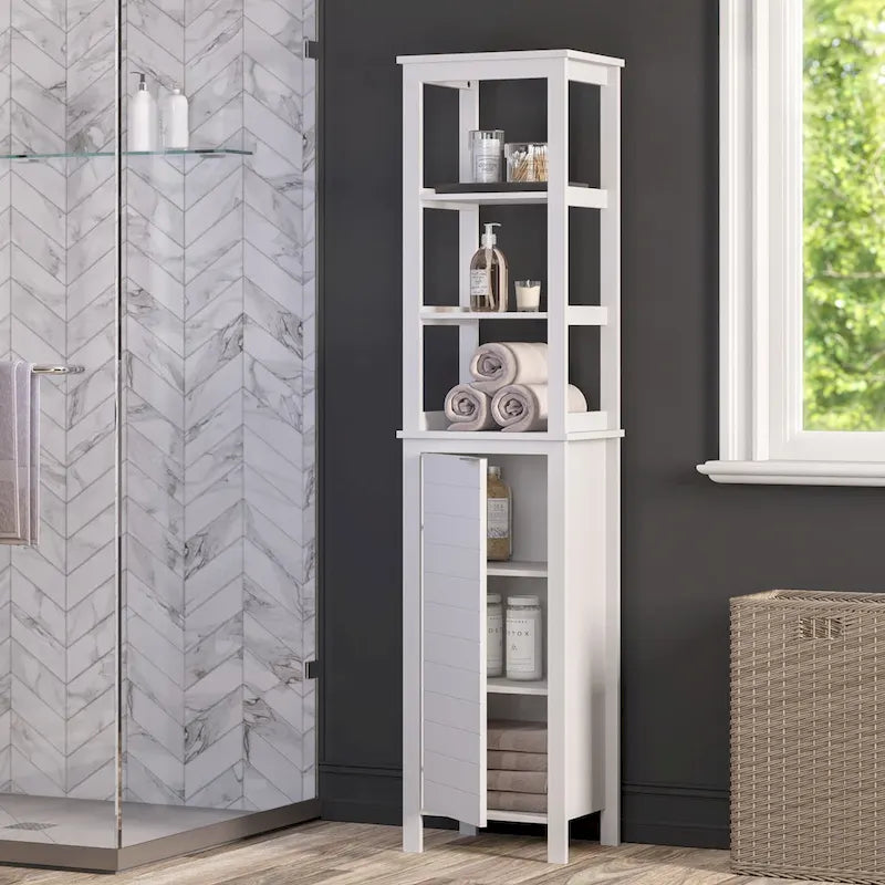   Madison Single Door Tall Bathroom Cabinet Storage Organizer with an Open and Adjustable Interior Shelves