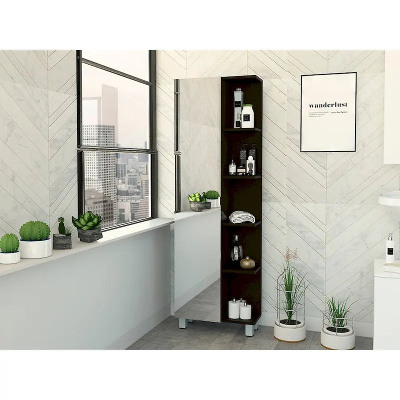Mobile a specchio per il bagno, quattro ripiani interni, finitura wengé nero