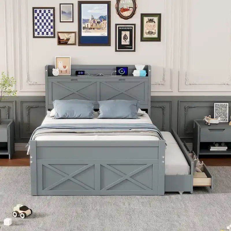Letto in legno contenitore con letto estraibile singolo e tre cassetti portaoggetti