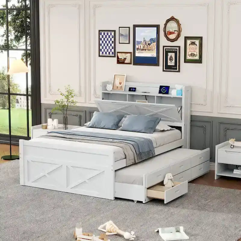 Letto in legno contenitore con letto estraibile singolo e tre cassetti portaoggetti