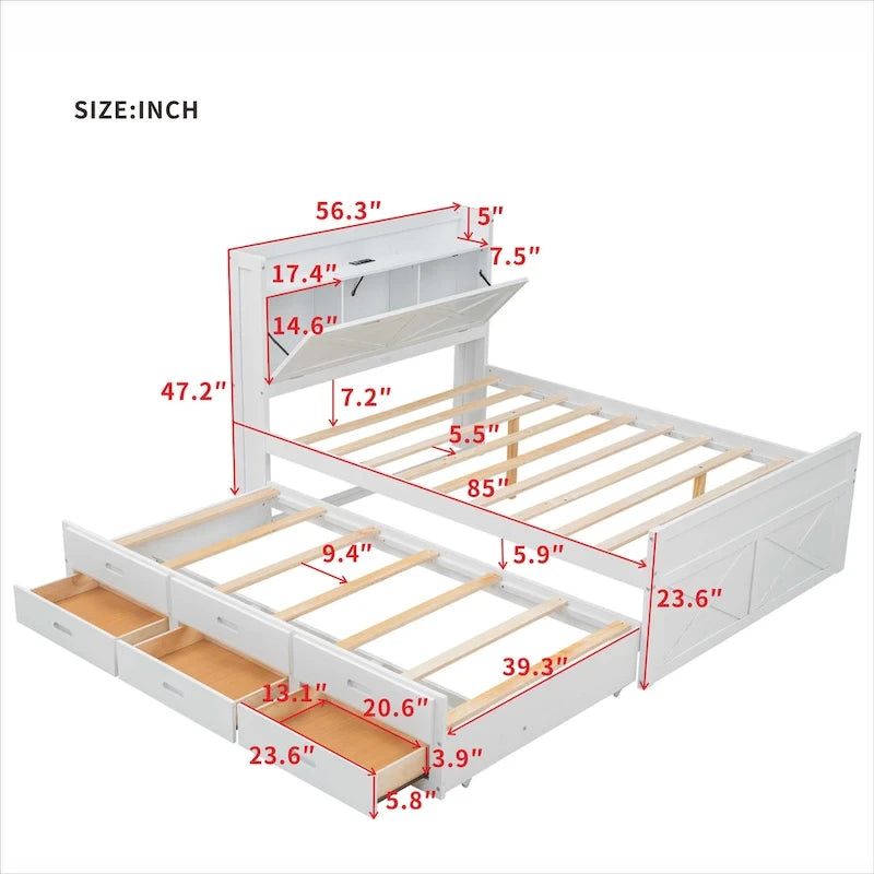 Letto in legno contenitore con letto estraibile singolo e tre cassetti portaoggetti
