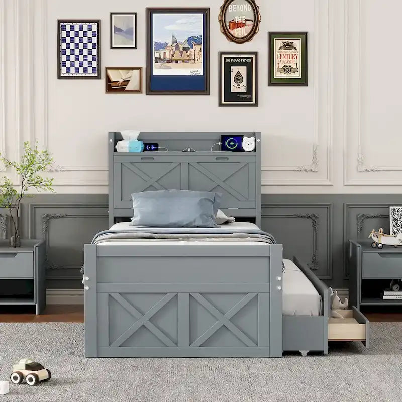 Letto in legno contenitore con letto estraibile singolo e tre cassetti portaoggetti