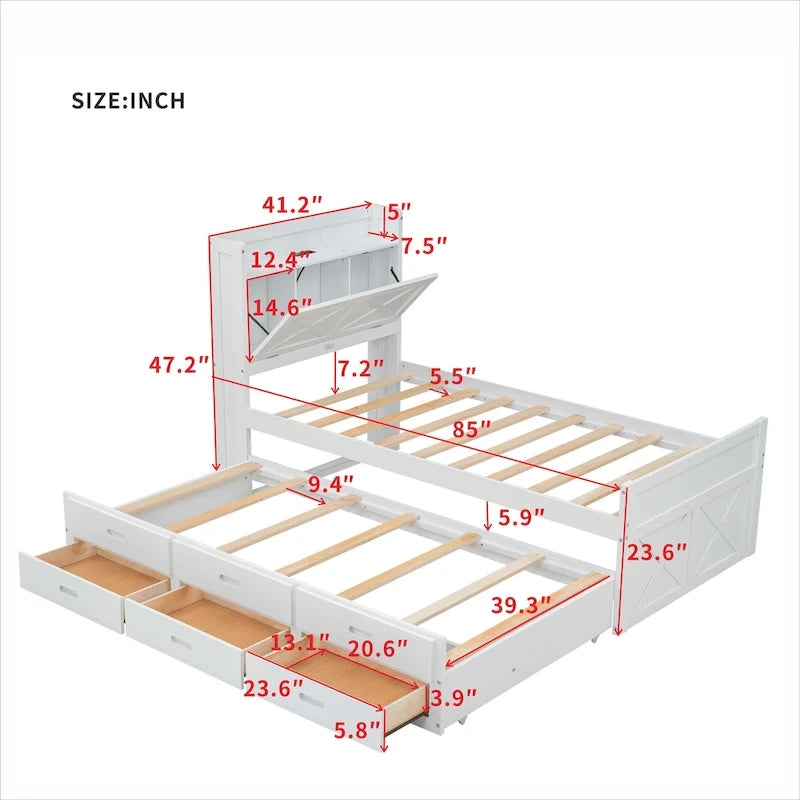 Letto in legno contenitore con letto estraibile singolo e tre cassetti portaoggetti
