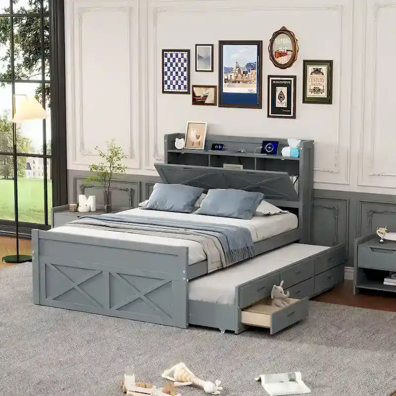Letto in legno contenitore con letto estraibile singolo e tre cassetti portaoggetti