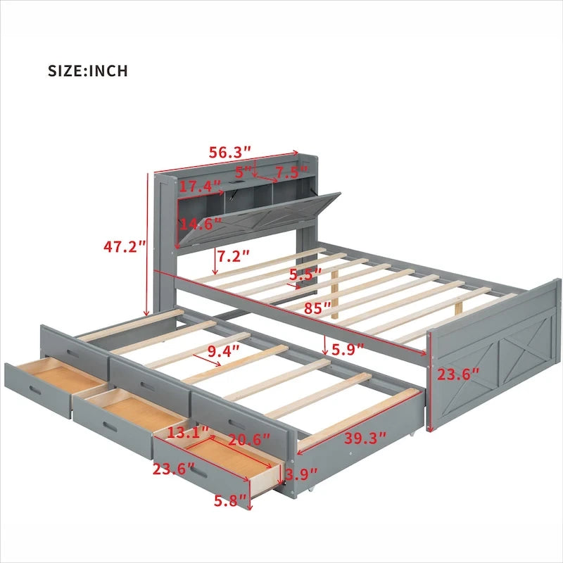 Letto in legno contenitore con letto estraibile singolo e tre cassetti portaoggetti